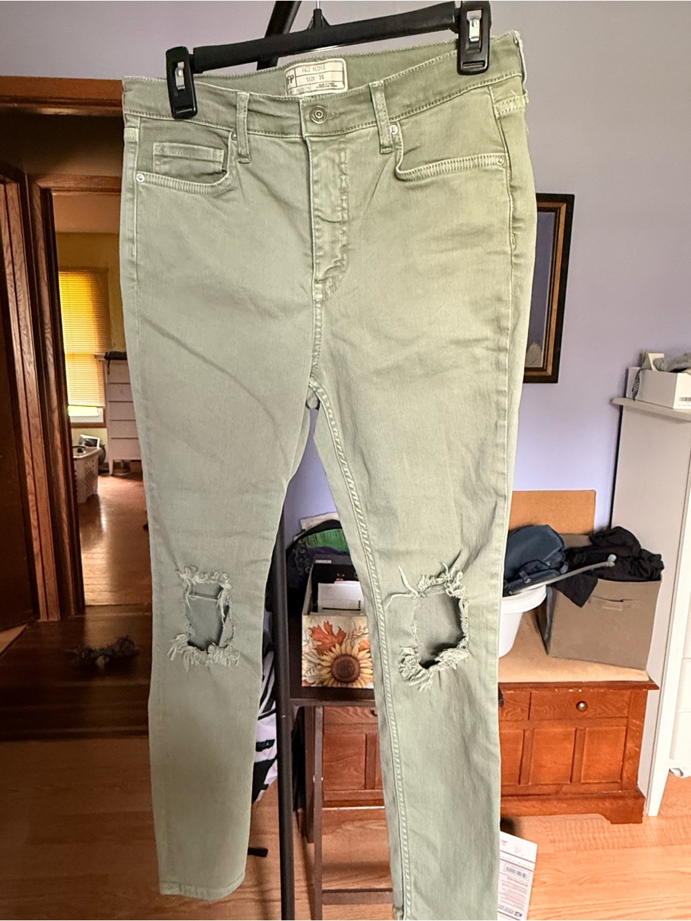 Free People Light Green Distressed Slim Jeans